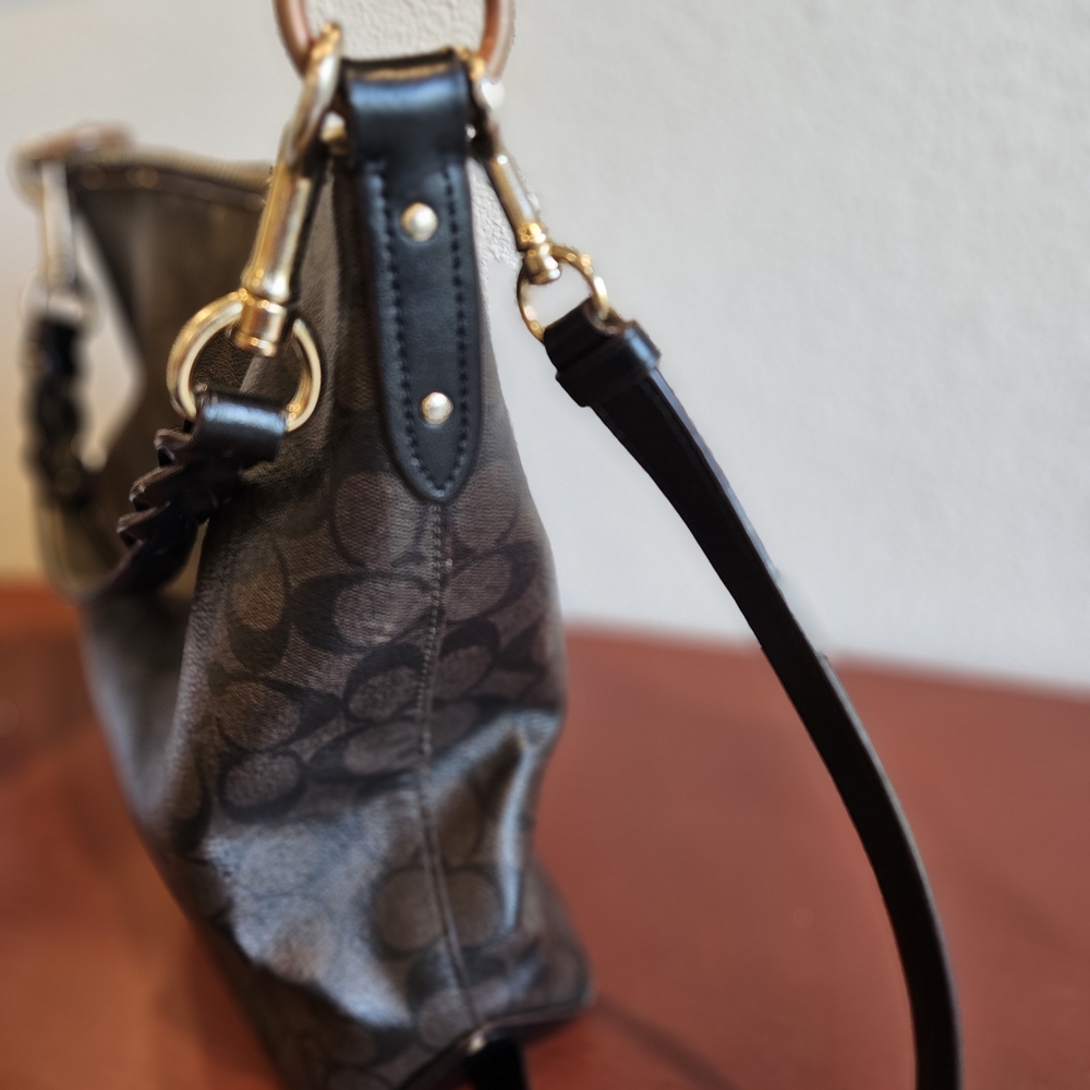 Coach Dark Brown Signature Canvas Shoulder Bag with Gold Hardware - Picture 7 of 9